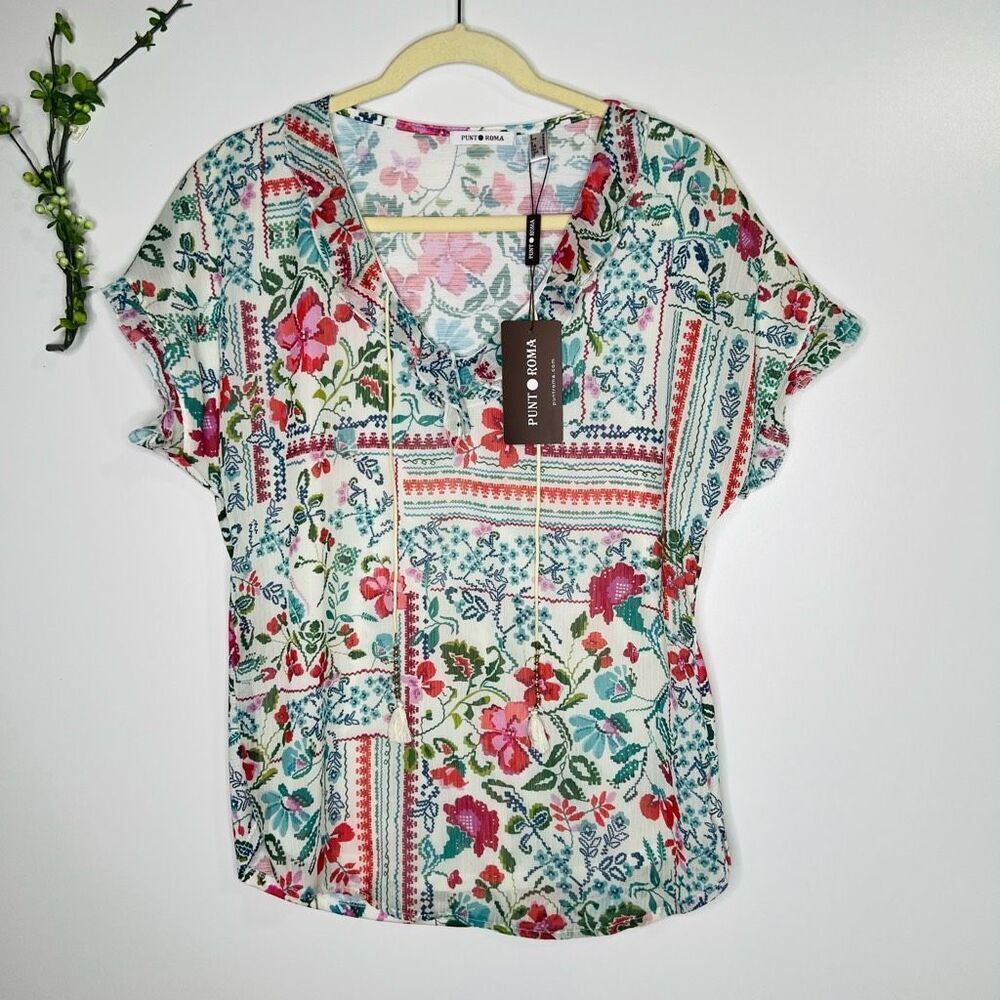 Punt Roma Floral Boho Tassel Short Sleeve Blouse NWT